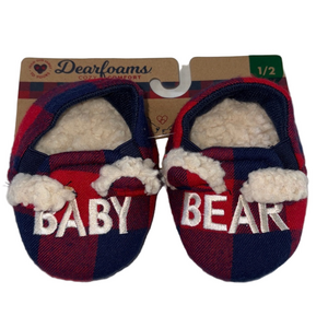 Dearfoams Baby Bear Red Blue Plaid Baby Slippers Memory Foam Size 1/2